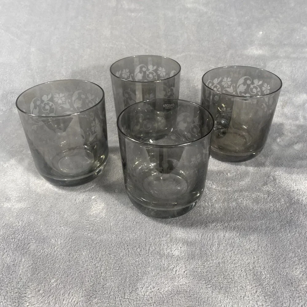 Crate‎ & Barrel Krosno Drinking Glass Set 4 Poland Tinted Etched Smokey Low Ball
